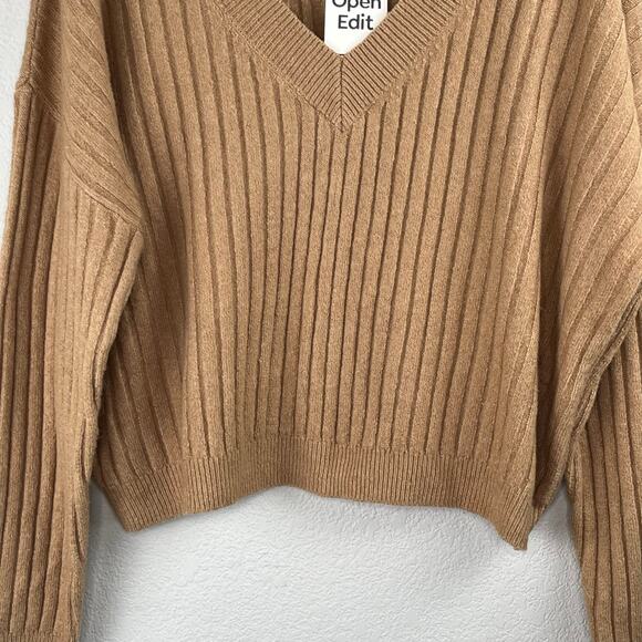Open Edit Tan V-Neck Ribbed Knit Long Sleeve Drop Shoulder Pullover Sweater XL - Picture 6 of 13